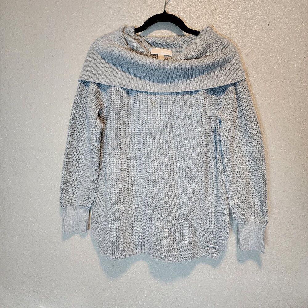 MICHAEL Kors Heather Gray Waffle Knit Cowl Off the Shoulder Sweater Size L